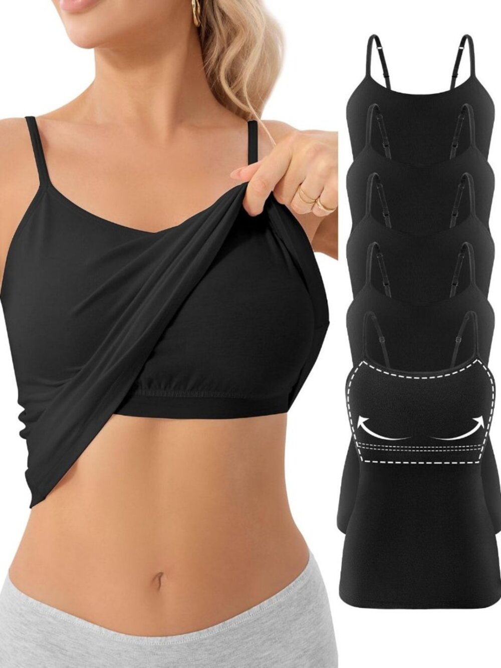 5 Pack Women's Cotton Shelf Bra Camisole Tops - Spaghetti Strap Tanks, Comfy